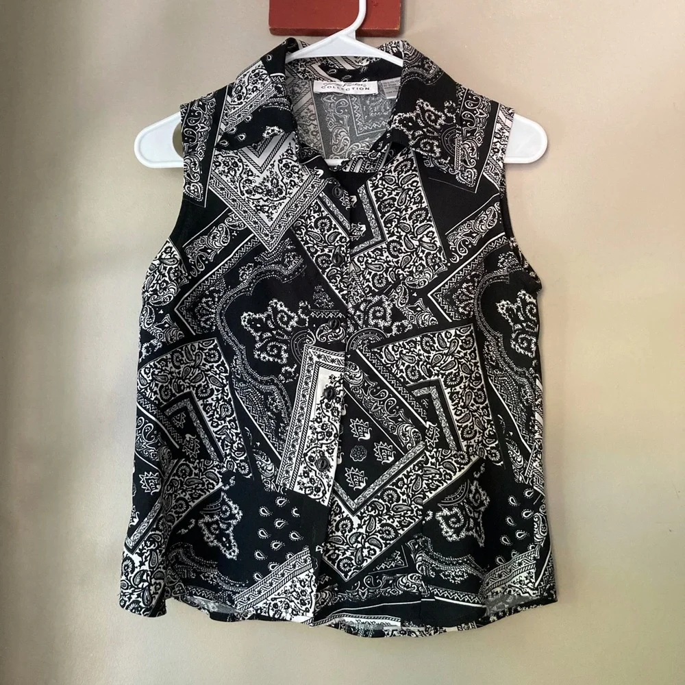 Vintage Giorgio Fiozlini Black & White Bandana Print Collared Tank Top S - Picture 3 of 6